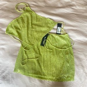 Motel lime green sequin skirt and backless halter set